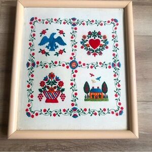 Vintage crewel handmade wall hanging cottage birds floral bohemian vibes